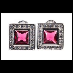 925 Sterling Silver Quality Simulated Rubies And CZ Stud Earrings